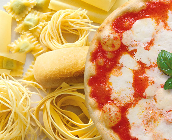 Gluten-free pasta, ravioli, pizza, pizza bases  and bread rolls 